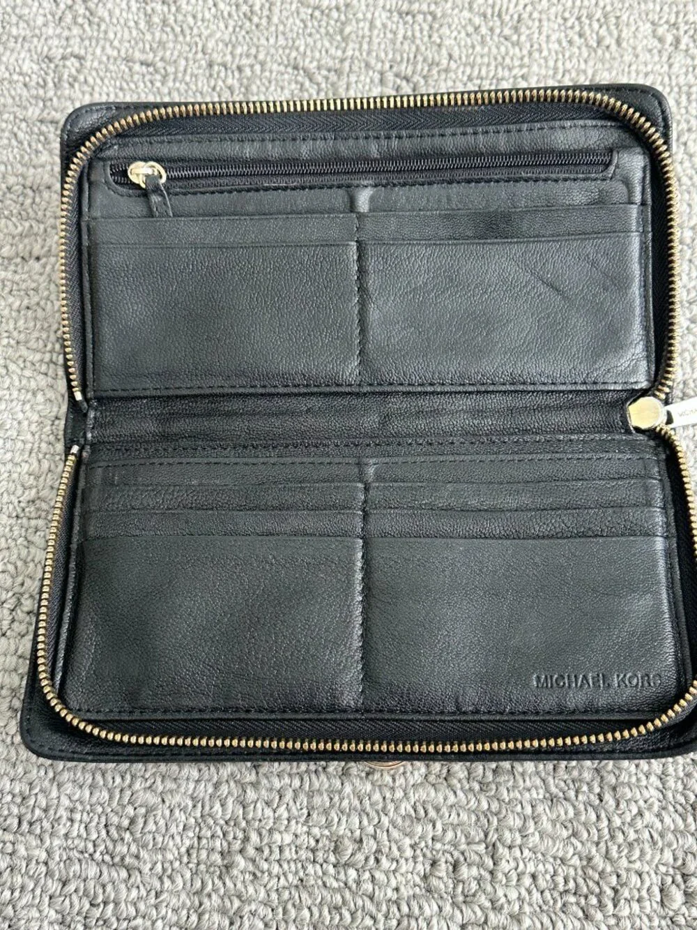 Michael Kors Hamilton Continental Zip Around Wallet Black Leather Gold Lock